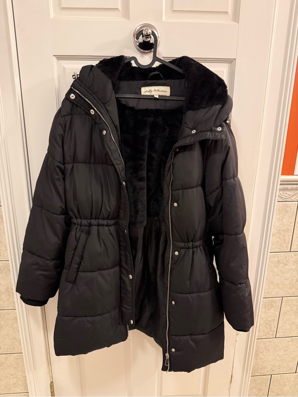 Black Quilted Puffer Coat with Faux-Fur Trim